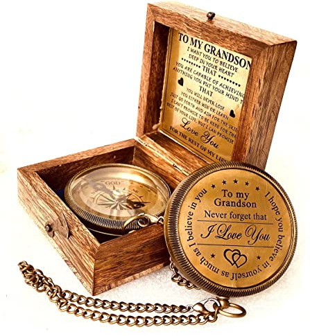 Gift for Grandson Brass Compass Engraved Quote | Memory Present to My Grandson Birthday, Baptism, Graduation, Confirmation, Love, Gift idea by Grandpa Grandma (#1 Grandson - I Love You)