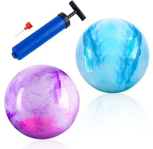BLMHTWO 2 Stück Wasserball, PVC Hüpfball Regenbogen Ball 22.8 cm Sensorische Hüpfbälle mit Pumpe Hüpfende Spielkugel für Haus Strand Spielplatz Hinterhof(weiß, blau-grün und rosa lila)
