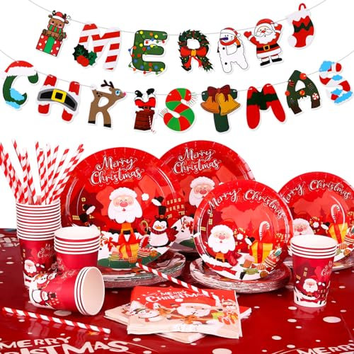 GWHOLE Vaisselle de Noel 122Pcs Vaisselle Jetable Ensemble Noel Assiette Noel Assiette Jetable Noel avec Decoration Noel Bannière, Nappes, Gobelets, Pailles, Serviettes pour la Fête de Noël