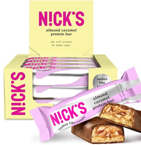 NICKS Protein Riegel ohne Zuckerzusatz – Mandel Karamell – 13g Eiweiß 26% – 201 Kalorien – Low Carb Keto Proteinriegel mit Ballaststoffen & Kollagen – Glutenfrei, Gesunde Snack ohne Palmöl 12x50g