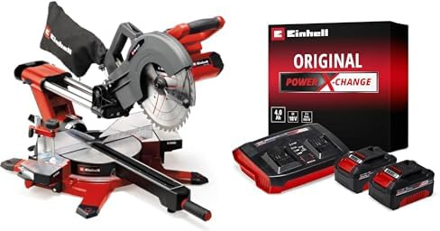 Einhell ‌Tronzadora-ingletadora con batería TE-SM 36/10 L Li-Solo Power X-Change, 36V, hoja de sierra 254 mm, 3800 rpmr+ Einhell Starter Kit 2 x 4 Ah Battery + Twincharger 18 V