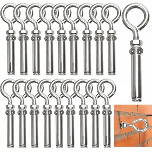 Goaste 20 Pack M8*105mm Expansion Concrete Eye Bolt, 304 Stainless Steel Wall Eyebolt Screws, Heavy Duty Shoulder Brick Anchors for Wall Ceiling Concrete Masonry