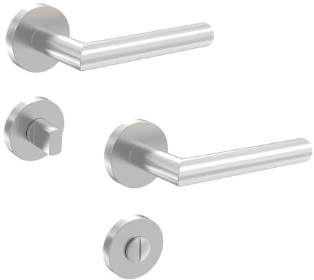 KARATINTL Set di maniglie per porta WC, in acciaio inox, con rosetta rotonda, a forma di L, per WC, bagno, norma DIN (WC rotondo/bagno)