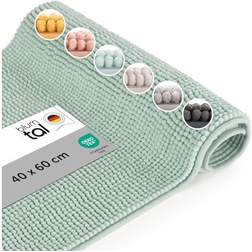 Blumtal Badematte 40x60 cm Hochflor Chenille - Oeko-TEX zertifizierter Badteppich - Badematten & Badteppiche - Duschvorleger - Badvorleger rutschfest waschbar - Badezimmer Matte - Badläufer Opal Blau