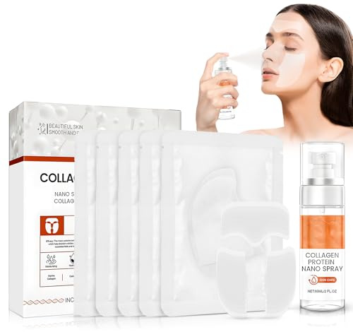 Miioto Parches de Colágeno Coreano, 5 Piezas High Purity Collagen Film+50ml Mist Kit, Mascarilla de Colágeno Facial, Korean Collagen Firming Mask para Las Arrugas, Las Ojeras (A)