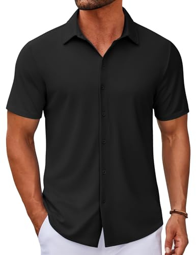 COOFANDY Mens Casual Wrinkle Free Shirts Button Down Short Sleeve Shirt Regular Fit Business Dress Shirt Black