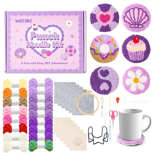 WATINC Punch Needle Coasters 23Pcs DIY Craft Poke and Stick Embroidery Kit Coasters with Colour Box for Adults Beginners to Learn Embroidery Art Handicraft (2#Purple)
