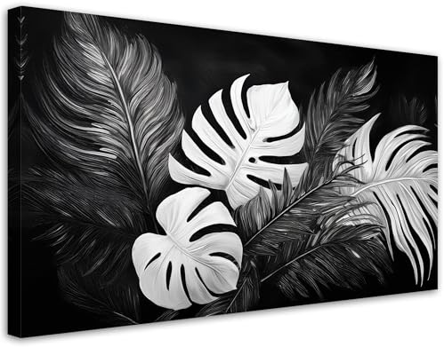 Feeby Stampa su Tela - Quadri Moderni Soggiorno - Quadro Camera Da Letto - Foglie di monstera in bianco e nero - 80x40 cm - Decorazioni Parete