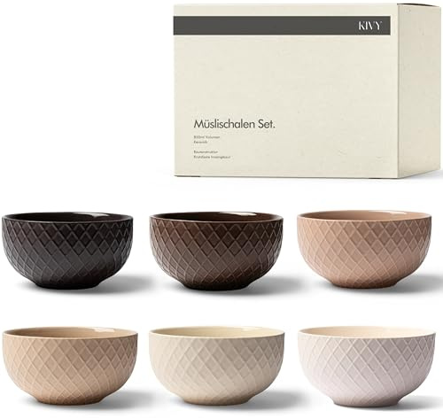 KIVY Müslischalen Keramik - 6 x 850ml - Große Bowls für Müsli & Suppen - Suppenschüssel - Bowl Schüssel Groß - Müslischüsseln - Suppenschalen Set - Schalen Set - Müsli Schüssel Keramik