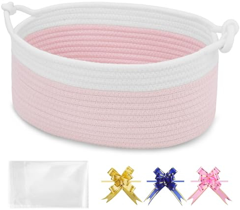 BOSROTY Small Empty Gift Basket with Bag & Ribbons, White & Light Pink | 30.5x20x13cm, Cotton Rope Woven Basket for Birthdays, Baby Showers, Mother's Day, Christmas; Stores Small Items,Kids Pet Toys