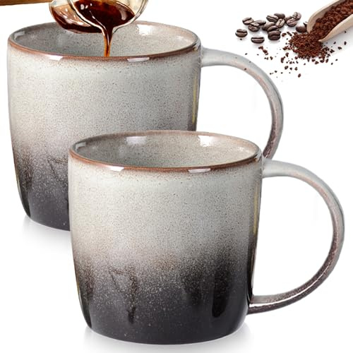 Juego de 2 tazas de café de cerámica, tazas de capuchino de 330 ml, taza de té grande con asa, taza de café de porcelana para oficina y hogar, textura esmaltada hecha a mano (gris nube)