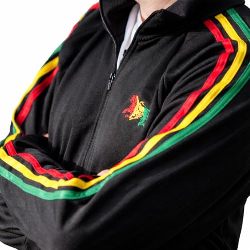 SAVARI Rasta Sportjacka med dragkedja - Juda lejon broderad trefärgad randig svart trackjacka (grön, gul, röd) – retrostil Reggae unisex