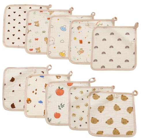 CHUANFU 10 Stück Mulltücher Baby Spucktücher, 25x25 cm Wickeltücher Musselintücher aus 100% Baumwolle, Weich Langlebig Atmungsaktiv Saugfähig Musselin für Neugeborene Baby