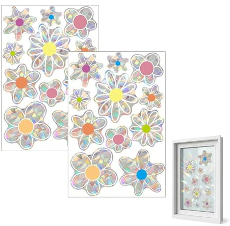 UZYXC 2 Hojas de 22 Pegatinas para Ventanas Láser Pequeñas Flores – Prismáticas, Arcoíris, Autoadhesivas, para Ventanas, Protección de Aves, Protección Solar