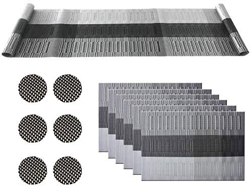 Old Tjikko Juego de 6 manteles individuales, manteles individuales y posavasos con camino de mesa de 180 cm, resistentes y antideslizantes para el hogar, restaurante (negro)