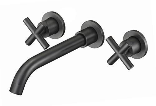 VALAZ Grifo Lavabo Negro Mate Empotrado | Grifo Lavabo Bimando, Mezclador Agua Fría y Caliente, Ahorro de Agua | Instalación Fácil y Rápida | Latón, Inoxidable, Redondo, Caño 21 cm, Serie Nalon