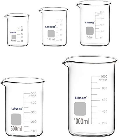 Labasics Glasbägare, Borosilikatglas Graderade Lågformade Griffin-bägare i 5 Storlekar, 50 ml/100 ml/250 ml/500 ml/1000 ml (1 L), Kombinationspaket