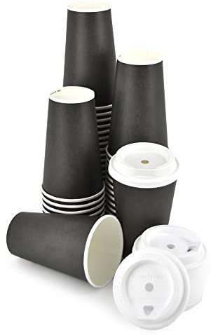 50 vasos grandes negros de papel de 16 oz (470 ml) + 50 tapas blancas con boquilla ideales para llevar café, chocolate y capuchino