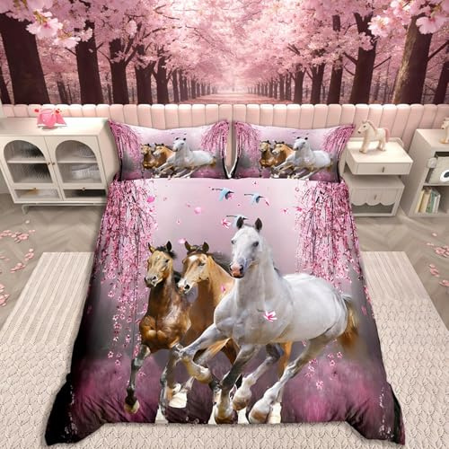 Set di biancheria da letto con copripiumino per ragazzo e cavallo, rami di fiori di ciliegio Steed, copripiumino per cavallo al galoppo 3D, 140x200 cm