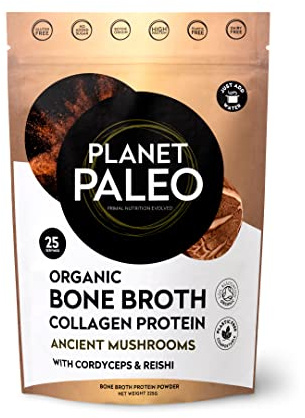 Planet Paleo Organic Bone Broth - Ancient Mushrooms (225g, 25 Servings) - Organic, Grass Fed, High Protein, with Reishi, Lion's Mane and Shiitake - Adaptogens for Healthy Defences