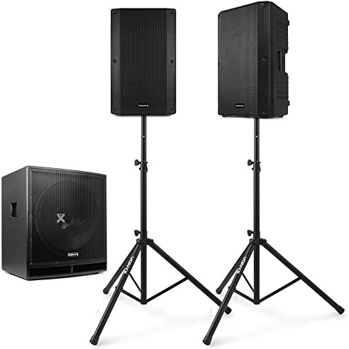 Vonyx 2.1 DJ Lautsprecher Set, Mobile PA Anlage Komplettset, DJ Boxen Starter Set, 2400 Watt mit Subwoofer und Stativ, Aktiv PA Lautsprecher Set, 2.1 Soundsystem, Aktive Lautsprecher Boxen