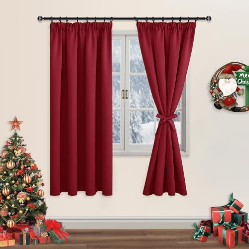 DWCN Fensterdeko Vorhänge mit Kräuselband Blickdicht Wohnzimmer mit Vorhang-Krawatten, Verdunkelungsvorhang Gardinen Kurz Thermogardine Wärmeisolierend, 137x117cm(HöhexBreite), Rot, 2er Set