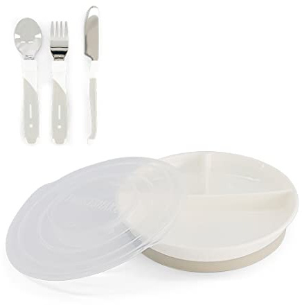 Twistshake Babygeschirr-Set | Geteilter Teller + Besteck 12m+ | BPA-frei | Ernährungstrainingsset für Kinder | Weiß