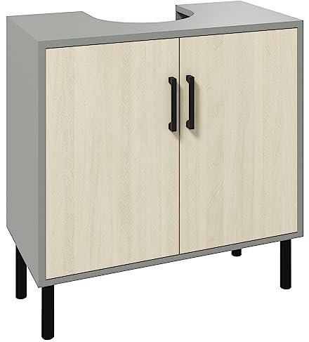 kleankin Meuble de Salle de Bain sous lavabo avec Double Porte et étagère en aggloméré, 60x30x60cm, Gris et chêne