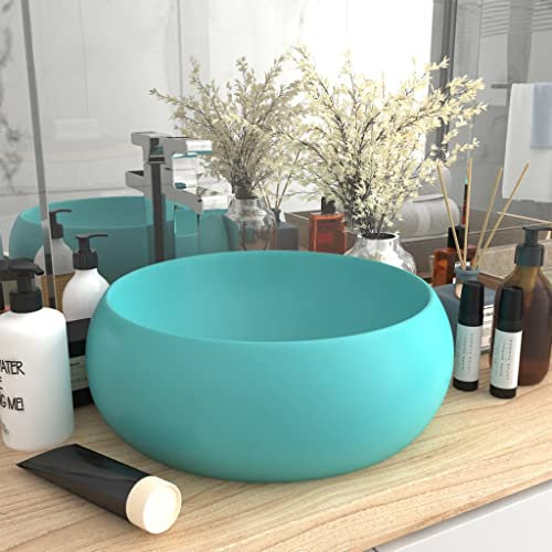 Festnight Luxury Wash Basin Round Matt Light,Basin Above Counter,Designer Wash Basin, Washbasin, Luxury Basin, Countertop Sink,Corner Sink,Ceramic, Matte Light Green 40x15 cm