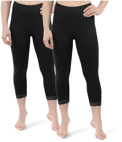 SES Capri leggings med spets 32–34 – 56–58 i 2-pack av bomull/ogenomskinliga leggings med spets/elastiska damleggings 3/4 långa bomull/leggings för kvinnor med spets med perfekt passform, svart, 40/42