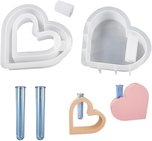 ZMDMAH Stampo per Vaso In Resina, A Forma di Cuore Stampo In Resina Epossidica, Stampo per Vaso In Silicone, Stampi In Silicone per Resina, Stampo In Resina con 2 Pz Provette per Piante Idroponiche