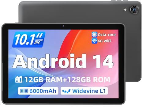 Rebecco 2025 Tablet 10 Zoll Android 14 Tablets, 12 GB RAM + 128 GB ROM (erweitert auf 1 TB), Octa Core 1280 x 800 IPS HD Display Android Tablet, Unisoc A523 CPU, 5 G/2,4 G WiFi, Dual 5 MP + 8 MP