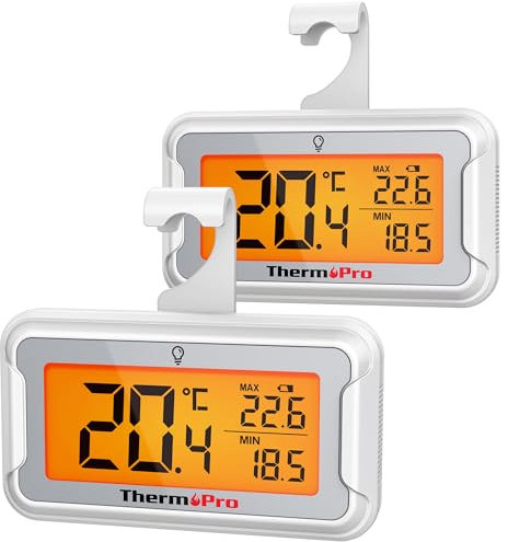 ThermoPro Termometro per Frigorifero con Ampio Display LCD Retroilluminato Termometro Freezer e Congelatore Impermeabile con Registrazione Max/Min Termometro Frigorifero Magnetiche e Supporto 2 Pezzi