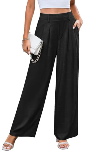 Svanco Pantalon À Jambe Large en Lin pour Femme avec Plis sur Le Devant, Pantalon D'été Décontracté À Taille Haute Élastiquée avec Poches