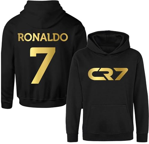 Ronaldo CR#7 - Sudadera con capucha para niños y jóvenes, inspirada en Ronaldo, jersey de fútbol americano para niños (Reino Unido, edad, 5 años, regular, negro), Negro, 5-8 años