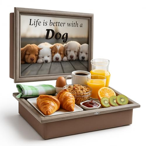 LuxeCraft - Vassoio da grembo con cuscino a sacco, in legno morbido, imbottito, con cuscino per mangiare, bere e computer portatile, ideale per colazione, cena, spuntini | comodo, portatile con design