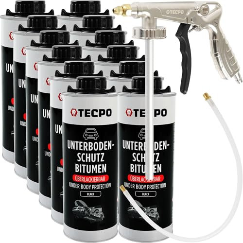TECPO Unterbodenschutz Bitumen Überlackierbar, 12 Liter Saugdose schwarz UBS Set mit Druckluft Sprühpistole für Steinschlagschutz Karosserieschutz Rostschutzmittel