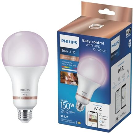 Philips Smart Lighting, Smart LED RGB A80 Bulb, E27 Base, 2452 lm, Color and Tunable White Light 2200-6500 K, Low Dimming, Connected by WiZ, Alexa, Google Home, Apple Home