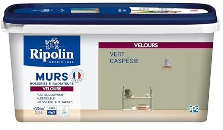 RIPOLIN - Peinture Intérieure Multi-Supports – Murs, Boiseries & Radiateurs – Ultra couvrante - Monocouche - Confort d'application - Aspect Velours - Vert Gaspesie - 2,5L