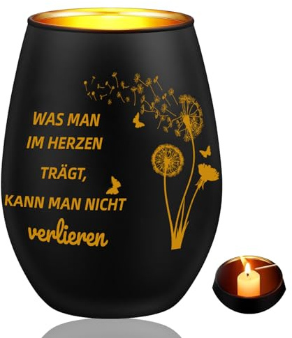 ElevaPulse Trauergeschenk Trauerlicht Windlicht mit Goldener Gravur Trauerkerzen mit Spruch “Was Man Im Herzen Trägt, Kann Man Nicht Verlieren“ Gedenkkerze Für Verstorbene Trauer Trostlicht ﻿