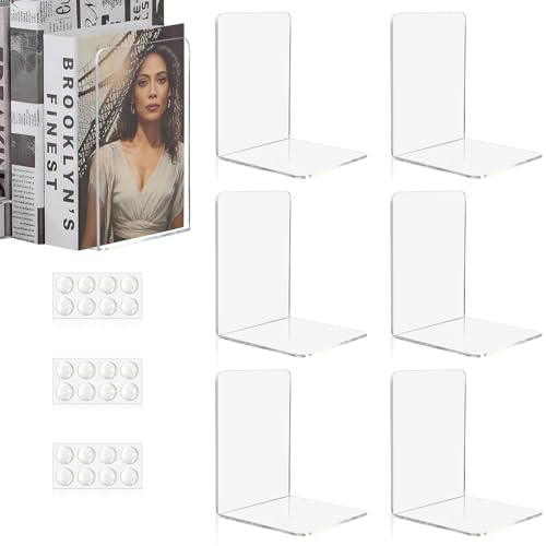 Aurinovellia 6 Pezzi Fermalibri per Mensole, Fermalibri in Acrilico Trasparente con 24 Tappetini Antiscivolo, Reggi Libri per Libreria, Spessore 3 mm, per Scuola, Casa, Ufficio, Biblioteca 10x10x13cm
