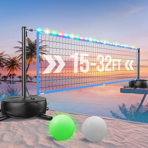 Haokelball Rete da pallavolo da piscina con luce, set da pallavolo da 4,5 a 9,5 m, lunghezza regolabile, rete da pallavolo per piscina con base ponderata, 2 palline da pallavolo Glow e pompa per