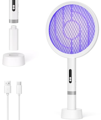 YISSVIC Raqueta Mosquitos Electrica Mata Mosquitos Electrico Desmontable 2 en 1 4000V 1800mAh con Base Recargable USB-C Matamoscas Electrico de Luz UV