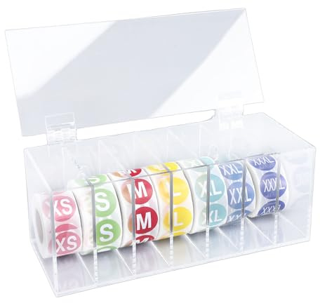 SUNGOOYUE Scatola Dispenser per Etichette a 7 Slot, Porta Etichette in Acrilico con 7 Rotoli di Adesivi da 1 Pollice per Abbigliamento, Casa, Ufficio e Magazzino