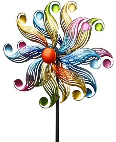 Kremers Schatzkiste Girandola a vento a forma di fiore, in metallo, con cuscinetti a sfera, Ø 30 cm/122 cm, con picchetto, 3 pezzi, decorazione da giardino resistente alle intemperie, per aiuole