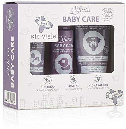 Elifexir Baby Care, Kit De Viaje para Bebés, Gel Champú 50ml + Leche Corporal Hidratante 50ml + Crema Protectora de Pañal 25ml, Ingredientes Naturales
