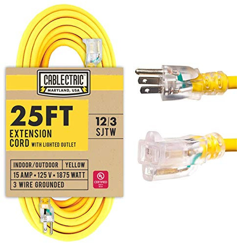 Cablectric 25 Ft Outdoor Extension Cord - 15 Amp 12/3 SJTW Heavy Duty Yellow 12 Gauge Lighted Electrical Cable with 3 Prong Grounded Plug