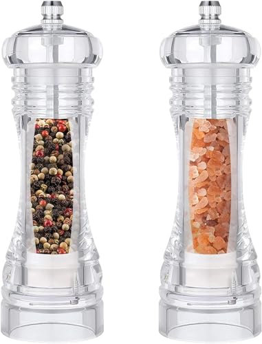 KAMEUN Moulin à Poivre et Sel, Set de 2 Broyeur en Céramique Réglable Taille, manuel Salière et Poivrières Acryl Transparent pour Le Pique Nique de Restaurant de Cuisine