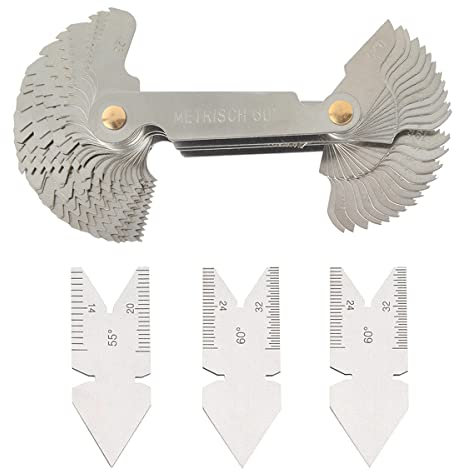 Treki 58pcs Medidor de Rosca de Acero Inoxidable Galga de Roscas Métrico 60 ° e Imperial 55 ° Herramienta de Medición Peine de Roscas+ 3pcs 60 Grado/55 Grado Centro Herramientas de Medidores Centrales