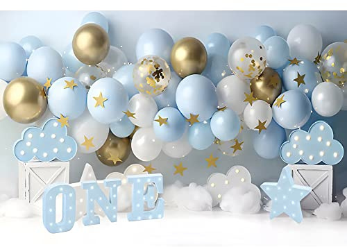 Ttincceer telón de Fondo de cumpleaños 250x180cm Azul Oro Estrella Globo fotografía Fondo niño niña 1er cumpleaños Fiesta fotografía Banner recién Nacido bebé Ducha Bautismo Fondo